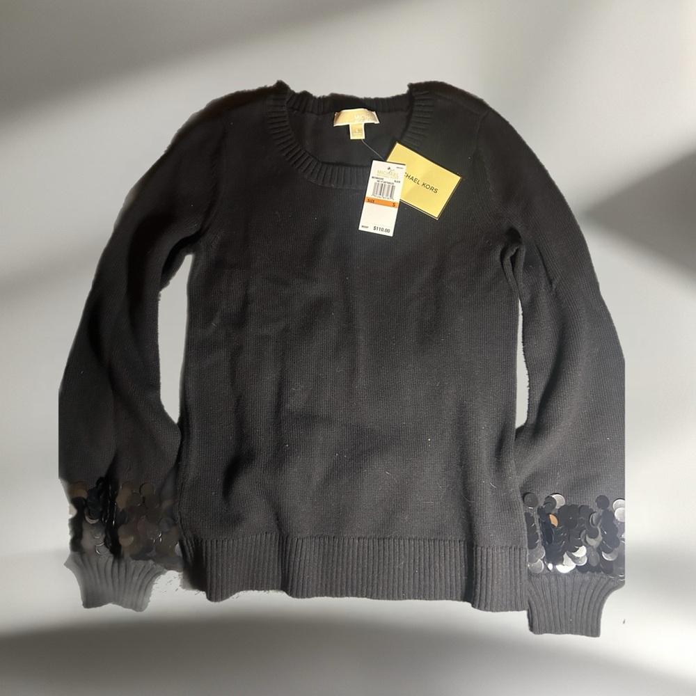 NWT women’s Michael Kors Black Sweater with Sequin Bell sleeve Detail size small